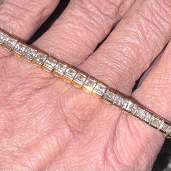 VTG Sterling Silver 925  14kt Gold Plated Princess Cut CZ Tennis Bracelet 8 In - Picture 3 of 12